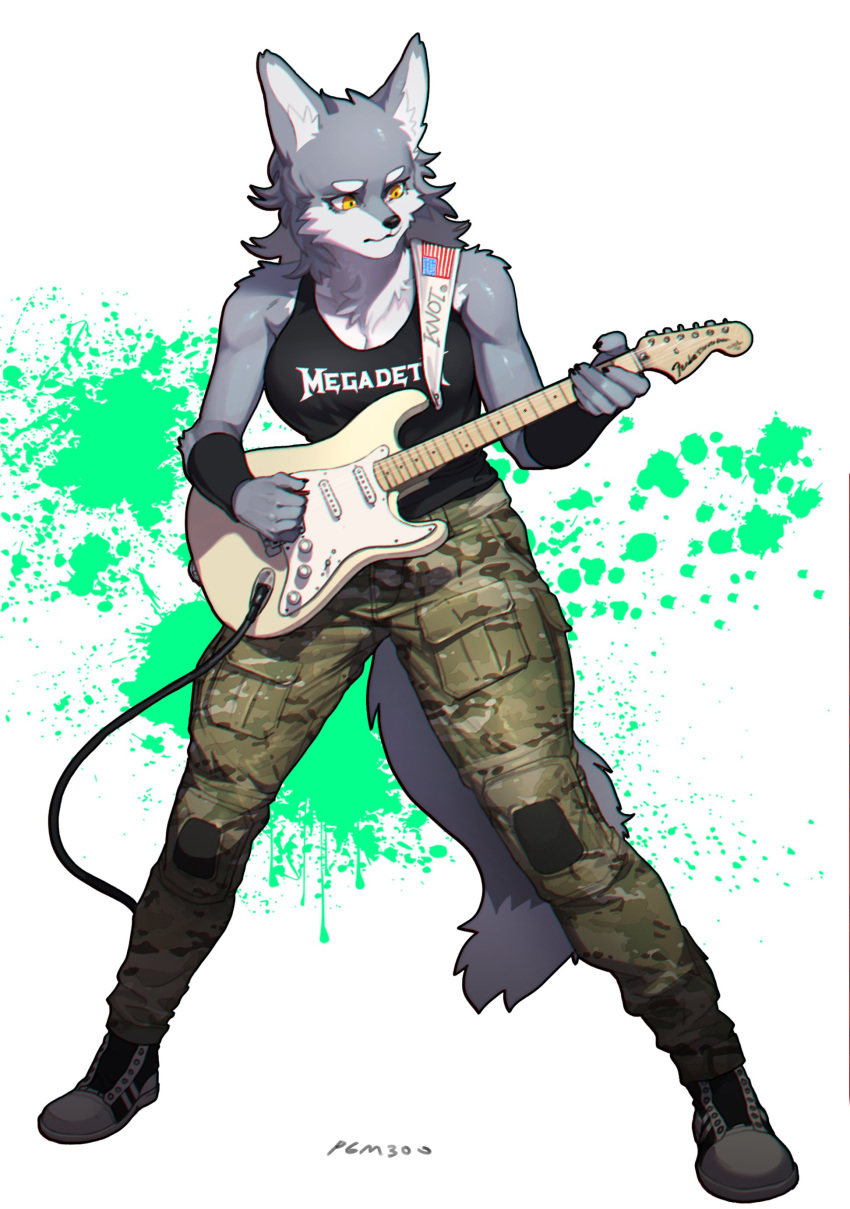 absurd_res anthro armwear biped breasts camo camo_clothing camo_print canid canine canis cervina clothed clothing electric_guitar english_text eyebrows female finger_claws footwear fully_clothed fur grey_body grey_fur guitar hair hi_res inner_ear_fluff long_hair mammal medium_breasts megadeth multicolored_body multicolored_fur musical_instrument neck_tuft orange_eyes pattern_clothing pgm300 playing_guitar playing_music plucked_string_instrument shirt shoes signature simple_background solo standing stars_and_stripes string_instrument tank_top text topwear tuft two_tone_body two_tone_fur united_states_of_america white_body white_fur wolf