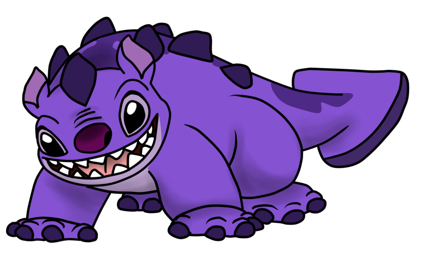 2018 alien black_eyes claws disney edimay experiment_(lilo_and_stitch) feral hi_res lilo_and_stitch male markings open_mouth purple_body purple_claws purple_inner_ear purple_markings richter_(lilo_and_stitch) sharp_teeth smile solo spikes teeth toes tongue