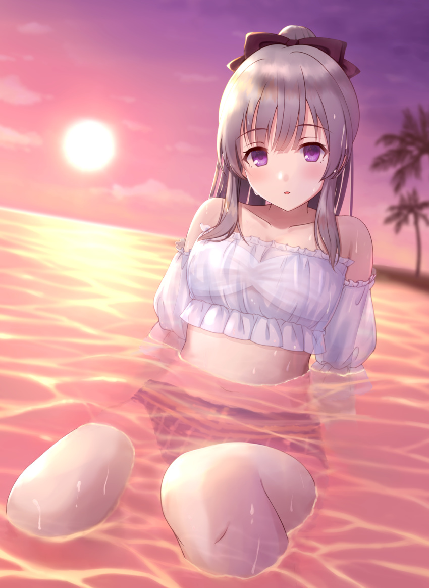 1girl :o arm_support bangs bare_shoulders bikini black_bikini black_bow black_swimsuit blush bow breasts cleavage collarbone crop_top eyebrows_visible_through_hair hair_bow high_ponytail highres idolmaster idolmaster_shiny_colors in_water kirifrog knees_up light_brown_hair looking_at_viewer ocean off_shoulder open_mouth outdoors ponytail purple_eyes see-through sidelocks small_breasts solo sun sunset swimsuit water wet wet_clothes wet_hair wet_swimsuit white_bikini white_swimsuit yuukoku_kiriko