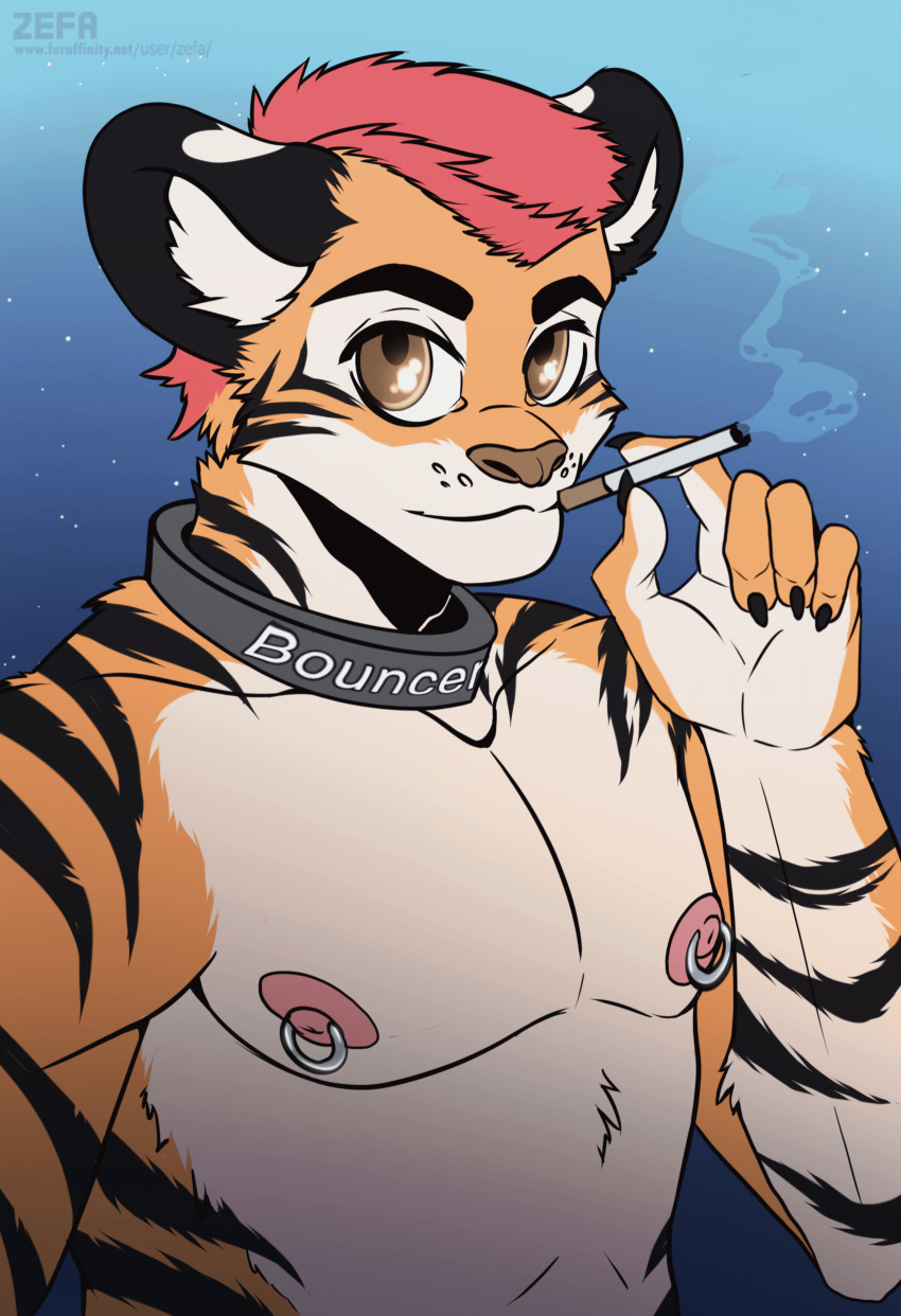 absurd_res animated anthro bouncer cigarette clothed clothing collar digital_media_(artwork) felid fur hair hi_res j'mal_quinn looking_at_viewer male mammal muscular muscular_anthro muscular_male nipples pantherine pecs piercing short_playtime smile smoking solo tiger topless zefa