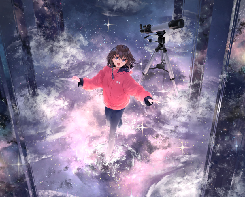 blue_eyes brown_hair clouds cropped glasses hoodie original reflection short_hair sousou_(sousouworks) stars water