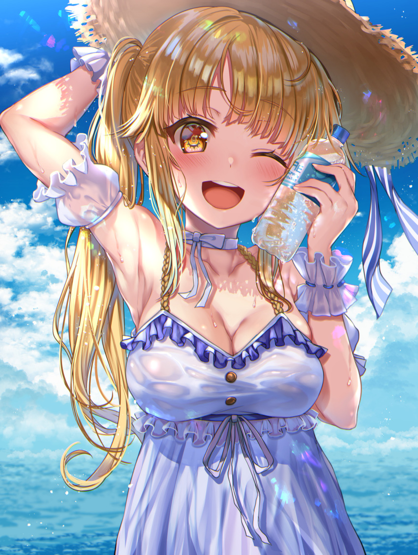 1girl ;d arm_behind_head arm_up bang_dream! bangs bare_shoulders blue_sky blunt_bangs blush bottle bottle_to_cheek breasts brown_eyes brown_hair brown_headwear cleavage cloud collarbone commentary_request day detached_sleeves dress eyebrows_visible_through_hair frilled_dress frilled_sleeves frills hat highres holding holding_bottle horizon kamita large_breasts long_hair looking_at_viewer ocean one_eye_closed open_mouth outdoors puffy_short_sleeves puffy_sleeves round_teeth short_sleeves side_ponytail sidelocks sky sleeveless sleeveless_dress smile solo straw_hat sunlight teeth tsurumaki_kokoro upper_teeth water water_bottle wet wet_clothes wet_dress white_dress wrist_cuffs