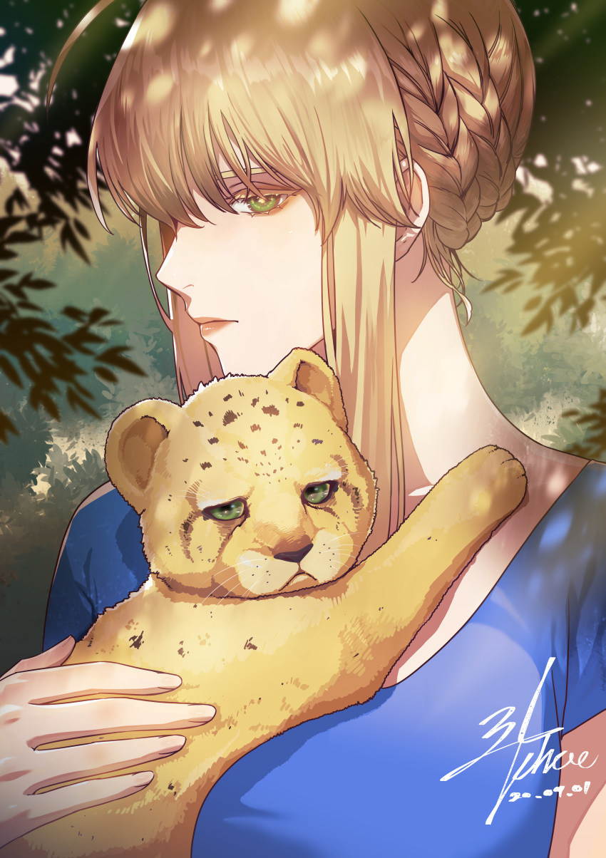 1girl absurdres ahoge animal animal_request artoria_pendragon_(all) artoria_pendragon_(lancer) bangs braid breasts closed_mouth colored_eyelashes cub dappled_sunlight day ebzmahs0192 fate_(series) green_eyes highres holding holding_animal lipstick looking_at_viewer makeup multiple_braids nature plant profile short_sleeves sidelocks sunlight updo upper_body