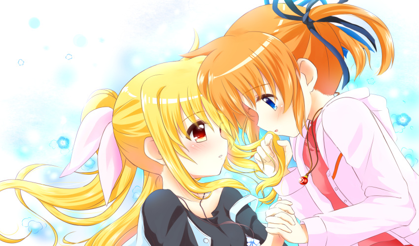 2girls bardiche blonde_hair blue_eyes blue_ribbon blush couple eye_contact fate_testarossa hair_ribbon happy highres holding_hands interlocked_fingers jacket kerorokjy long_hair looking_at_another lyrical_nanoha mahou_shoujo_lyrical_nanoha mahou_shoujo_lyrical_nanoha_a's multiple_girls open_mouth orange_hair pink_ribbon raising_heart red_eyes ribbon short_hair short_twintails simple_background smile takamachi_nanoha twintails yuri