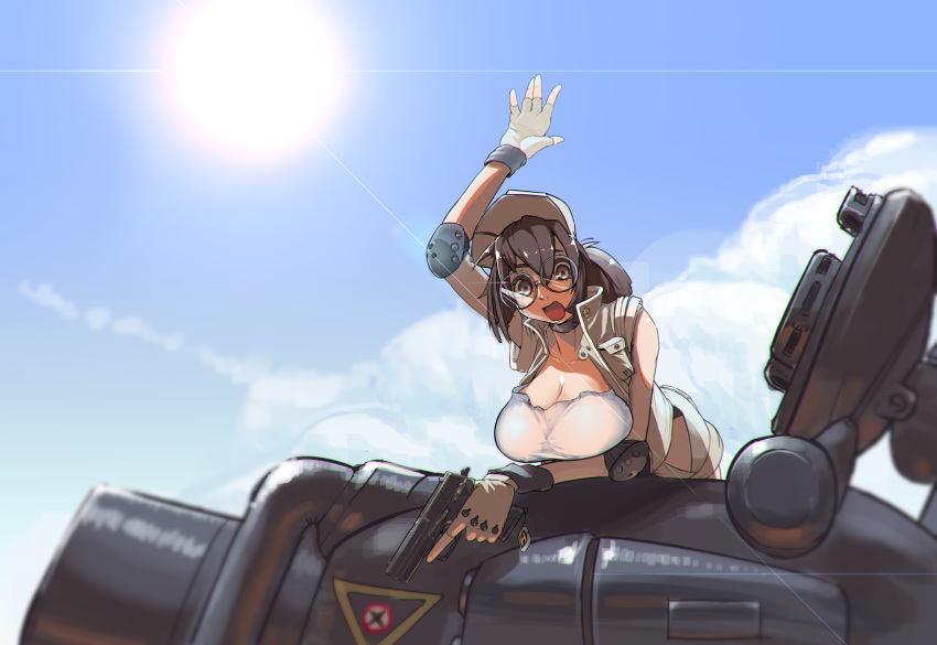 absurdres breasts elbow_pads fingerless_gloves fio_germi gloves ground_vehicle gun hat highres large_breasts metal_slug military military_vehicle motor_vehicle tank tank_top taxexemption vest weapon