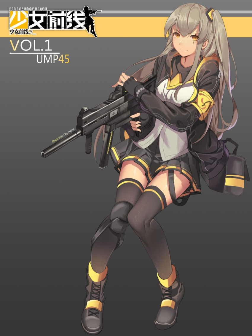 1girl artist_name bag black_footwear black_jacket black_legwear black_skirt boots brown_eyes brown_hair character_name eyebrows_visible_through_hair girls_frontline gun h&amp;k_ump hand_on_weapon henz highres holding holding_weapon jacket long_hair looking_at_viewer rifle scar scar_across_eye shirt simple_background skirt smile solo submachine_gun thighhighs twintails ump45_(girls_frontline) weapon white_shirt