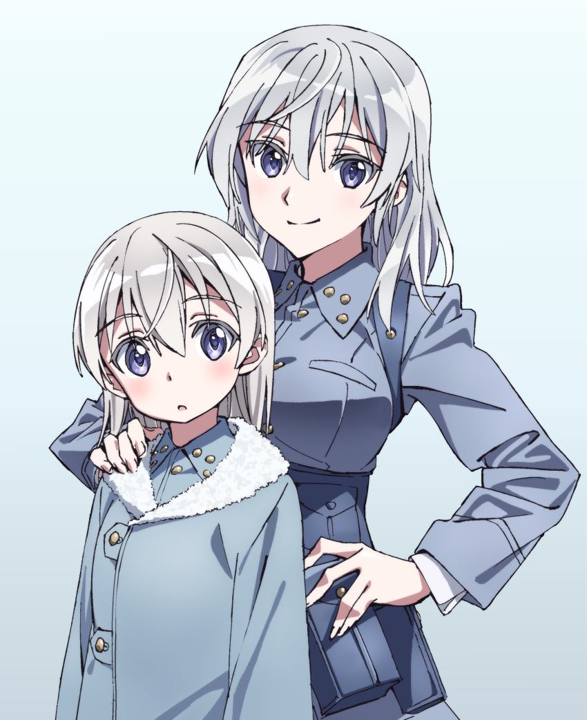 2girls absurdres aurora_e_juutilainen belt blonde_hair blue_eyes blue_jacket breasts coat eila_ilmatar_juutilainen fur_trim hand_on_another's_shoulder hand_on_hip highres jacket kogarashi51 military_coat multiple_girls siblings silver_hair sisters smile strike_witches uniform upper_body utility_belt winter_clothes winter_coat world_witches_series younger