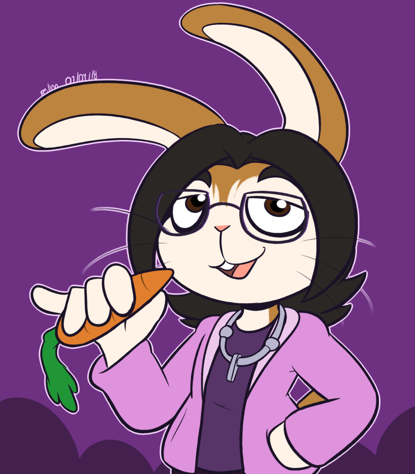 2018 5_fingers absurd_res alternate_species anthro brown_eyes brown_hair buckteeth carrot clothing felino fingers floppy_ears food hair half-length_portrait hand_on_hip hi_res holding_carrot holding_food holding_object hoodie jewelry lagomorph leporid looking_at_viewer looking_up male mammal necklace open_mouth peter_the_cat pink_clothing pink_hoodie pink_nose pink_topwear plant portrait purple_background purple_clothing purple_glasses purple_shirt purple_topwear rabbit shirt simple_background solo teeth topwear vegetable whiskers