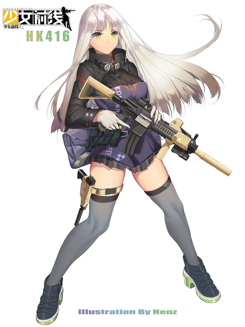 1girl absurdres artist_name assault_rifle bag black_footwear blue_legwear breasts character_name closed_mouth eyebrows_visible_through_hair girls_frontline gloves green_eyes gun h&amp;k_hk416 hand_on_weapon handgun henz highres hk416_(girls_frontline) holding holding_weapon holster jacket long_hair looking_at_viewer medium_breasts open_eyes pistol rifle shoes silver_hair skirt smile sneakers solo thigh_holster thighhighs thighs weapon white_background white_gloves