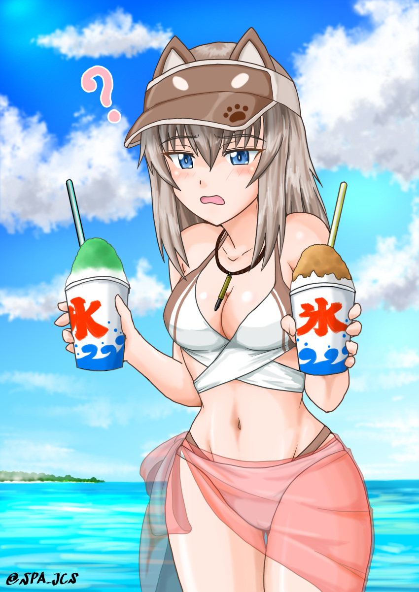 1girl ? animal_hat bangs bikini blue_eyes blue_sky breasts brown_headwear bullet cat_hat cleavage cloud cloudy_sky commentary_request cowboy_shot cup day disposable_cup eyebrows_visible_through_hair frown girls_und_panzer girls_und_panzer_senshadou_daisakusen! half-closed_eyes hat highres holding holding_cup itsumi_erika jewelry looking_to_the_side medium_breasts medium_hair multi-strapped_bikini navel necklace nspa_(spa-jcs) ocean open_mouth outdoors paw_print pink_sarong print_headwear see-through shaved_ice silver_hair skindentation sky solo standing swimsuit thigh_gap twitter_username visor_cap white_bikini