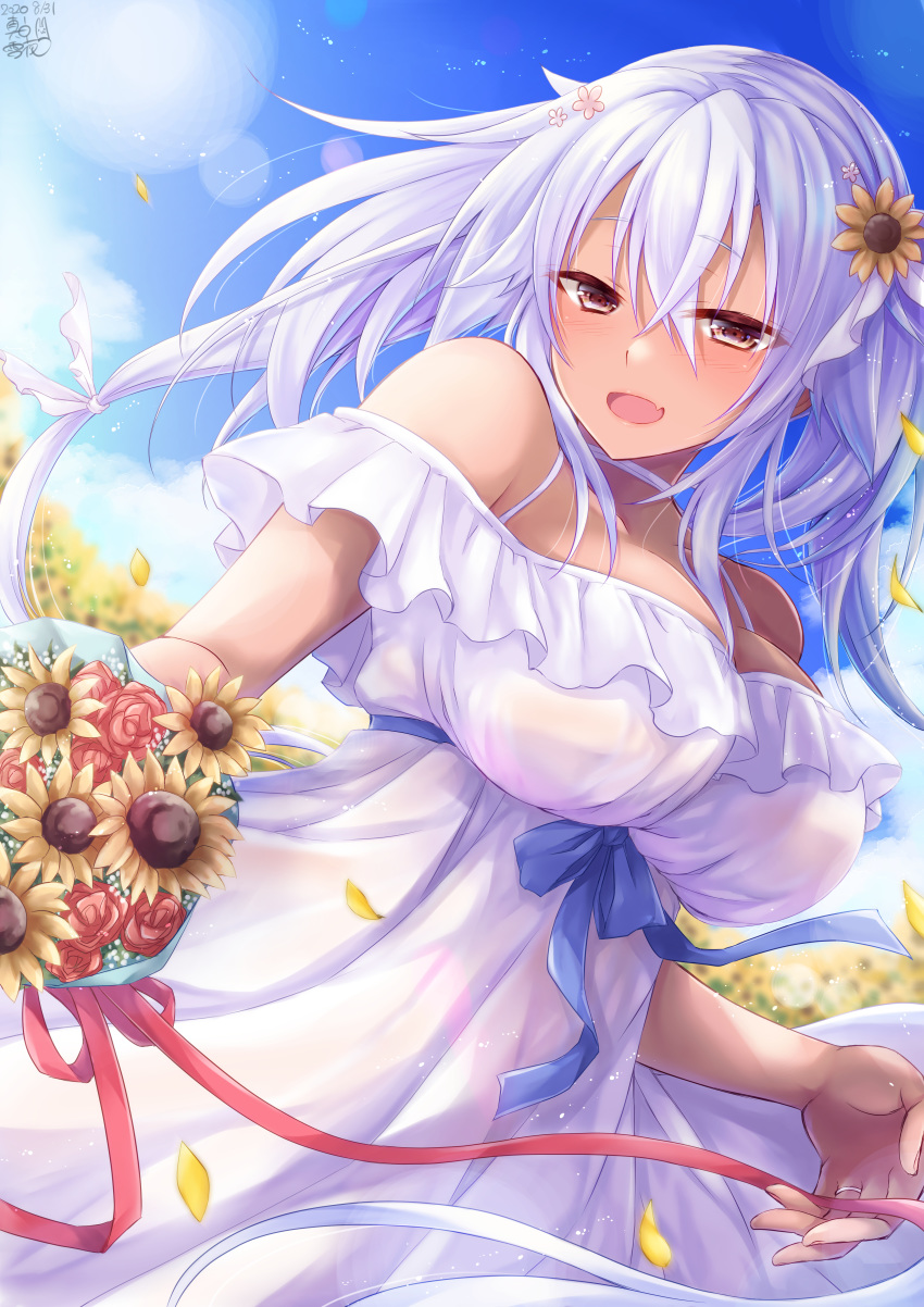 0yukiya0 1girl absurdres alternate_costume blue_sky bouquet breasts brown_eyes cloud dark_skin day dress field flower flower_field graphite_(medium) grey_hair hair_between_eyes hair_flower hair_ornament highres huge_filesize jewelry kantai_collection large_breasts millipen_(medium) musashi_(kantai_collection) outdoors red_flower red_rose ring rose sky solo standing sundress sunflower traditional_media twintails wedding_band white_dress yellow_flower