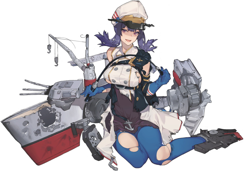 1girl blue_gloves blue_legwear blue_oath breasts buttons crane_(machine) damaged double-breasted dress gloves grin hat highres holding large_breasts looking_at_viewer machinery medium_hair mole mole_under_mouth official_art open_mouth pantyhose peaked_cap purple_eyes purple_hair rainli riding_crop san_francisco_(blue_oath) sleeveless sleeveless_dress smile solo torn_clothes torn_legwear transparent_background turret white_dress white_headwear