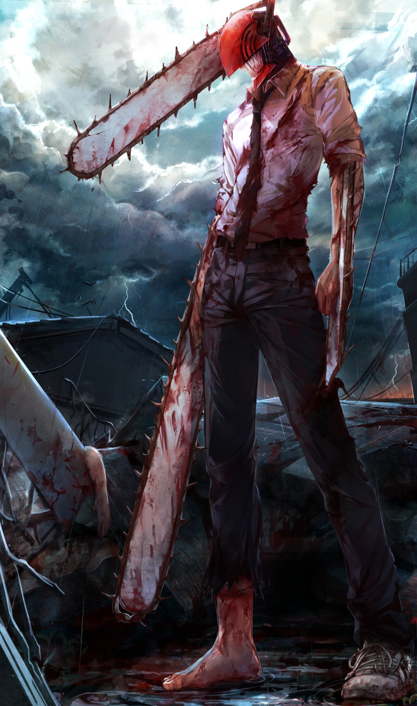 1boy absurdres belt black_neckwear black_pants blade blood bloody_clothes bloody_feet chainsaw chainsaw_man cloud cloudy_sky collared_shirt commentary_request denji_(chainsaw_man) full_body highres huge_filesize lightning male_focus matsunaga777 monster_boy necktie pants power_lines rain sharp_teeth shirt shirt_tucked_in shoes single_shoe sky sleeves_rolled_up solo standing teeth telephone_pole water water_drop white_footwear white_shirt