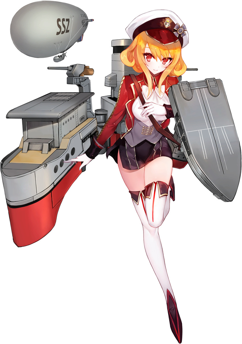 1girl aircraft artist_request bangs black_footwear black_skirt blonde_hair blue_oath blush breasts dirigible furious_(blue_oath) gloves hat highres jacket long_sleeves medium_breasts official_art peaked_cap pencil_skirt red_eyes rigging sidelocks skirt smile solo thighhighs transparent_background white_gloves white_headwear white_legwear