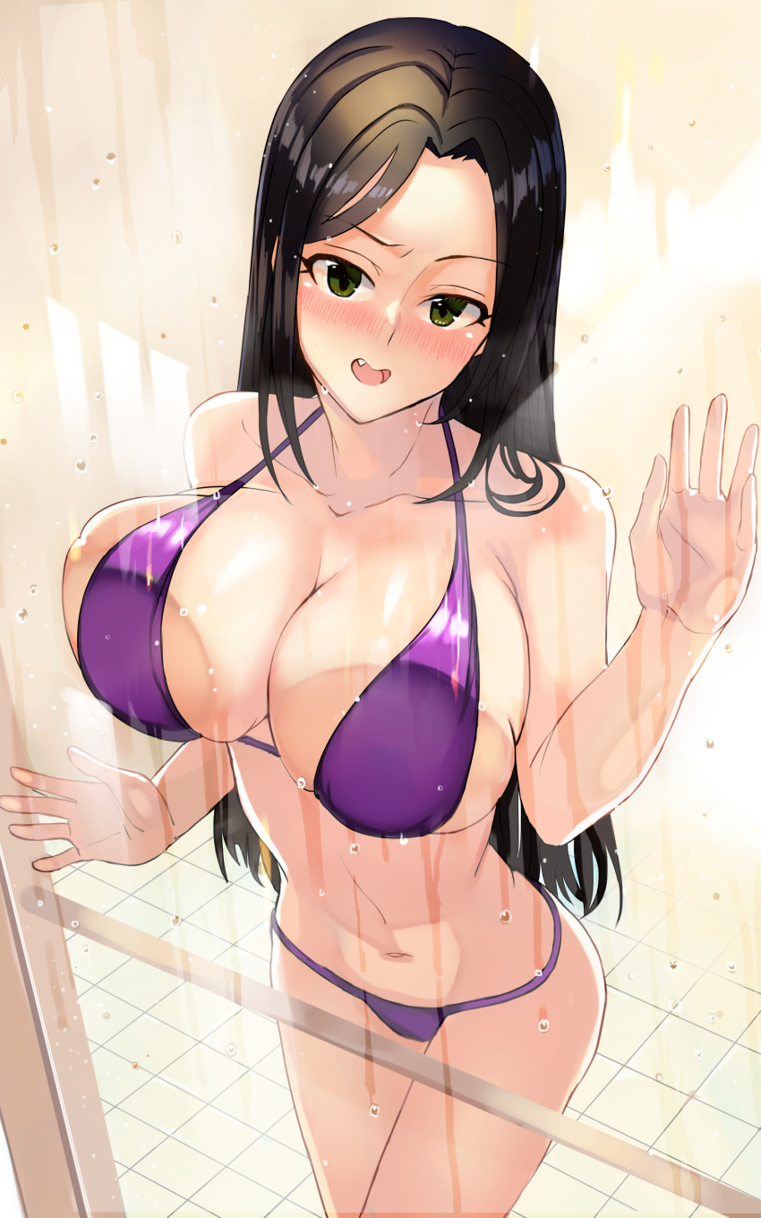 1girl absurdres against_glass ashita_(2010) bikini black_hair blush breast_press breasts breasts_on_glass collarbone commentary_request cowboy_shot fang from_above green_eyes hand_on_glass highres idolmaster idolmaster_cinderella_girls indoors large_breasts long_hair looking_at_viewer mukai_takumi navel open_mouth purple_bikini shower_(place) solo stomach straight_hair swimsuit tile_floor tiles tongue wet