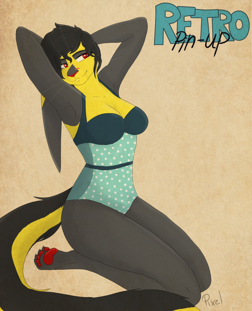 anthro clothed clothing felid female fur hi_res hybrid long_ears long_tail mammal old pinup pixel_ripley pixwell pose red_eyes retro swimwear vintage yellow_body yellow_fur