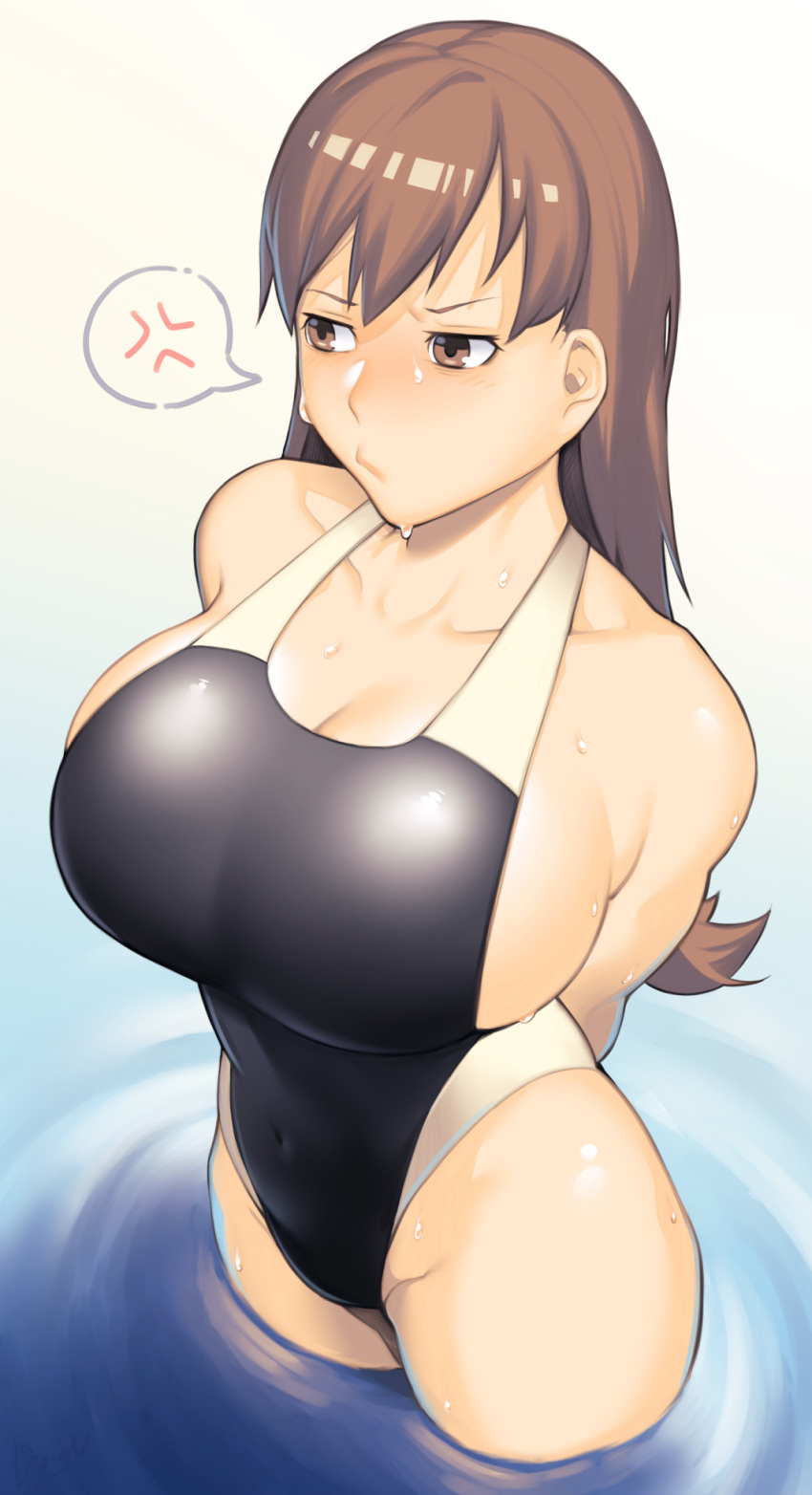 1girl anger_vein angry arms_behind_back bangs blush breasts brown_eyes cleavage closed_mouth covered_navel curvy dyun from_above highres huge_breasts kantai_collection long_hair looking_to_the_side one-piece_swimsuit ooi_(kantai_collection) partially_submerged pout solo spoken_anger_vein standing sweat swimsuit wading water