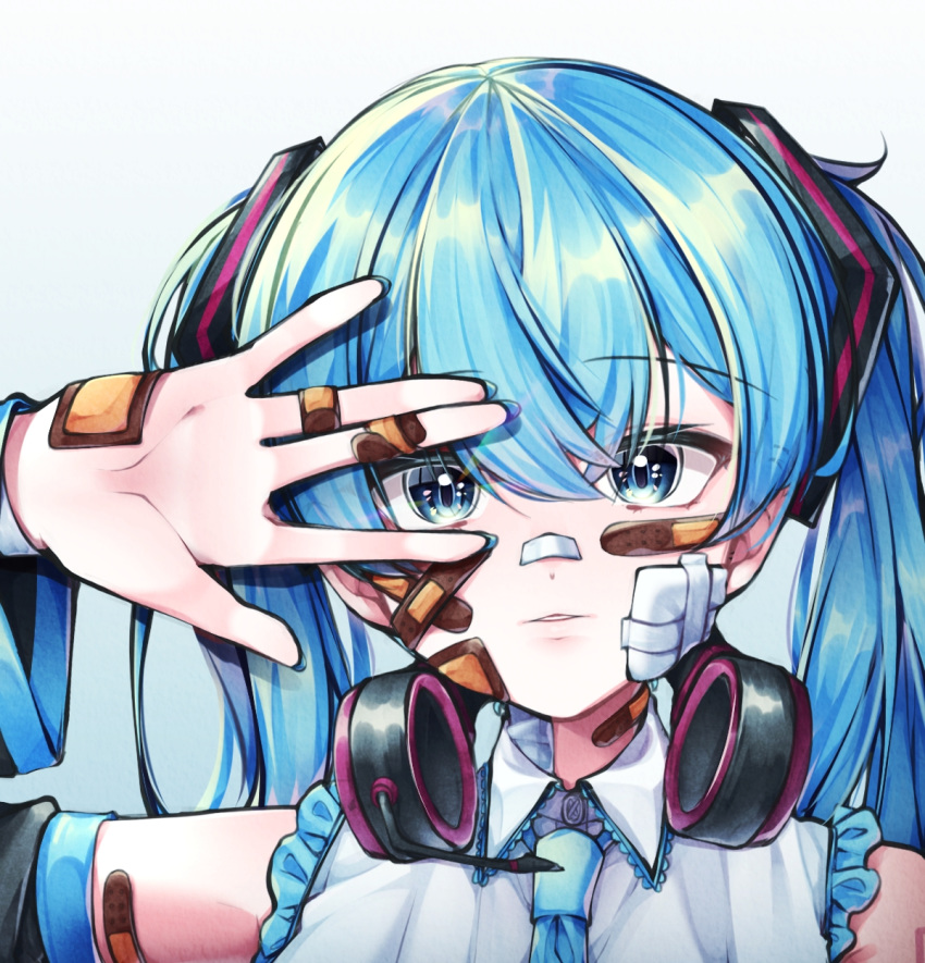 1girl bandaid bandaid_on_face bandaid_on_finger bandaid_on_nose blue_eyes blue_hair blue_neckwear close-up commentary detached_sleeves hatsune_miku highres hyunnim01 looking_at_viewer necktie solo twintails vocaloid