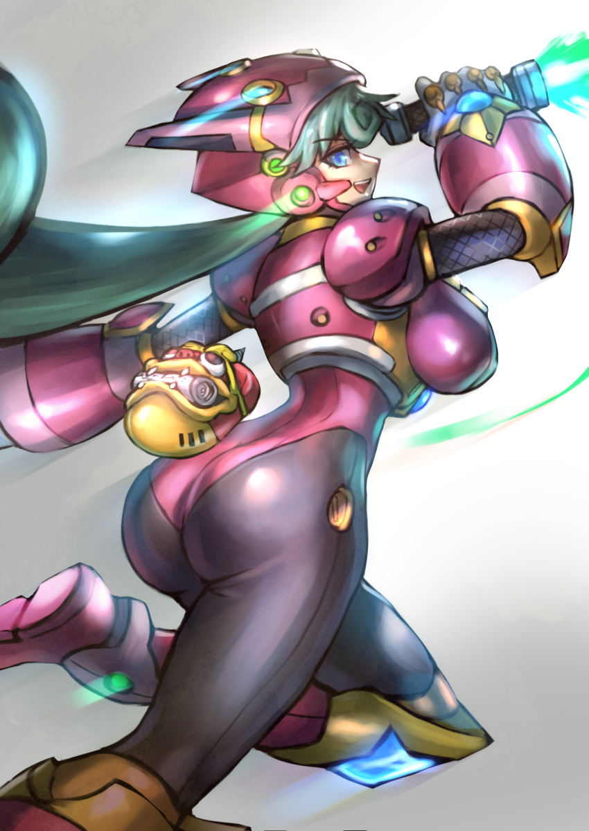 1girl absurdres android ass blue_eyes breasts dgrp_(minhduc12333) energy_blade english_commentary from_behind green_hair helmet highres holding holding_weapon jumping large_breasts leg_up long_hair marino open_mouth ponytail rockman rockman_x rockman_x_command_mission simple_background smile solo weapon