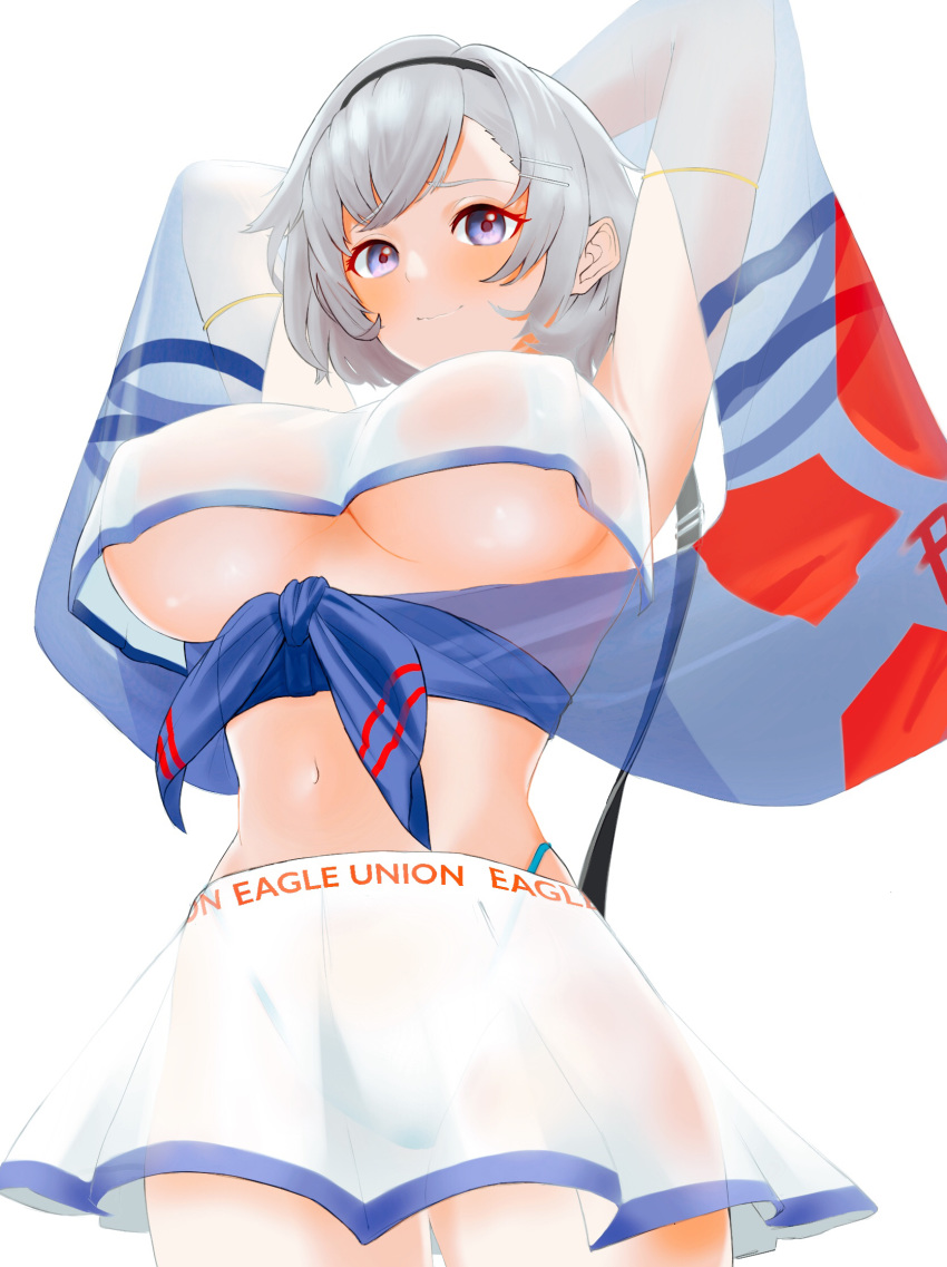 1girl arm_strap armpits arms_behind_head azur_lane bangs black_hairband blush breasts cheerleader cleavage covered_nipples crop_top crop_top_overhang eagle_union_(emblem) from_below grey_hair hair_ornament hairband hairclip highres large_breasts midriff minoru_amayi navel panty_straps purple_eyes purple_sash reno_(azur_lane) reno_(biggest_little_cheerleader)_(azur_lane) sash see-through_skirt see-through_sleeves sheer_clothes short_hair skirt smile solo two-tone_shirt two-tone_skirt underboob