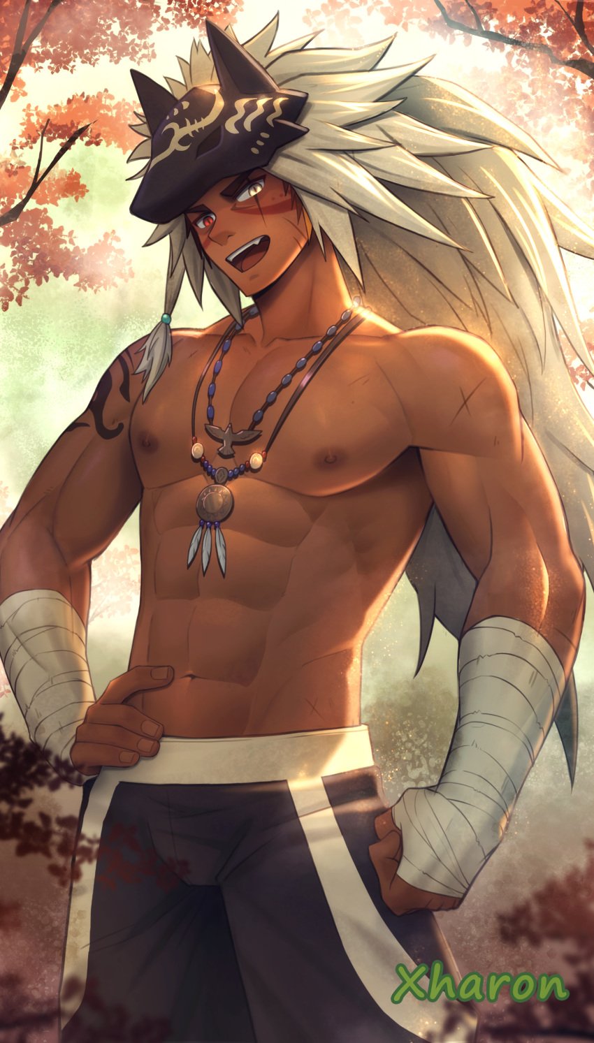 1boy abs absurdres animal_hood bandages bulge commission f_jun glowing glowing_eye hand_on_hip heterochromia highres hood jewelry long_hair male_focus muscle navel necklace nipples original red_eyes scar shirtless tree upper_body very_long_hair white_hair yellow_eyes