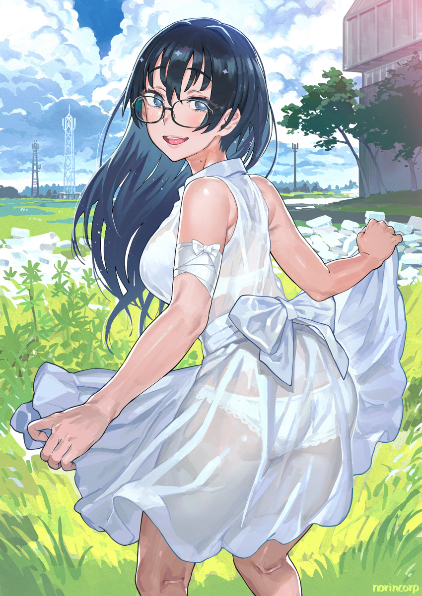 1girl :d artist_name ass back_bow bandaged_arm bandages bangs bare_arms bare_shoulders black-framed_eyewear black_hair blue_eyes bow bra breasts building collared_dress commentary day dress eyebrows_visible_through_hair feet_out_of_frame from_behind glasses grass hair_between_eyes hand_up highres kneepits long_hair looking_at_viewer looking_back medium_breasts mole mole_on_neck mole_under_eye norinco open_mouth original outdoors panties round_eyewear see-through see-through_dress shiny shiny_hair skirt_hold sleeveless sleeveless_dress smile solo standing stone sundress transmission_tower tree underwear upper_teeth white_bow white_bra white_dress white_panties