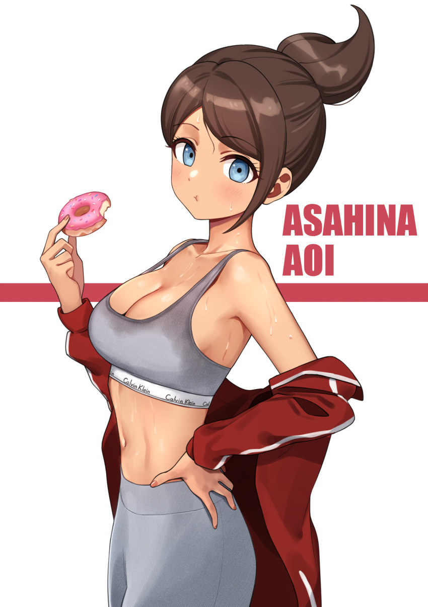 1girl asahina_aoi bangs bare_shoulders blue_eyes blush breasts brown_hair calvin_klein character_name cleavage closed_mouth collarbone cowboy_shot danganronpa danganronpa_1 deadnooodles doughnut eyebrows_visible_through_hair food grey_pants hand_on_hip highres holding jacket large_breasts long_sleeves looking_at_viewer medium_breasts midriff navel off-shoulder_jacket off_shoulder open_clothes pants ponytail red_jacket short_hair solo sports_bra stomach sweat swept_bangs