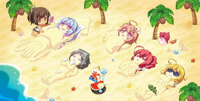 6+girls :3 ahoge beach black_hair blonde_hair blue_hair brown_eyes brown_hair calendar_(medium) carnelian chibi coconut_tree commentary_request crab diving_mask_on_head food fruit hair_ornament hair_ribbon hermit_crab i-168_(kantai_collection) i-19_(kantai_collection) i-401_(kantai_collection) i-58_(kantai_collection) i-8_(kantai_collection) isometric kantai_collection long_hair low_twintails maru-yu_(kantai_collection) multiple_girls orange_eyes palm_tree ponytail purple_eyes red_hair ribbon sand_sculpture school_swimsuit school_uniform serafuku short_hair starfish sunglasses swimsuit swimsuit_under_clothes tan tree tri_tails twintails watermelon