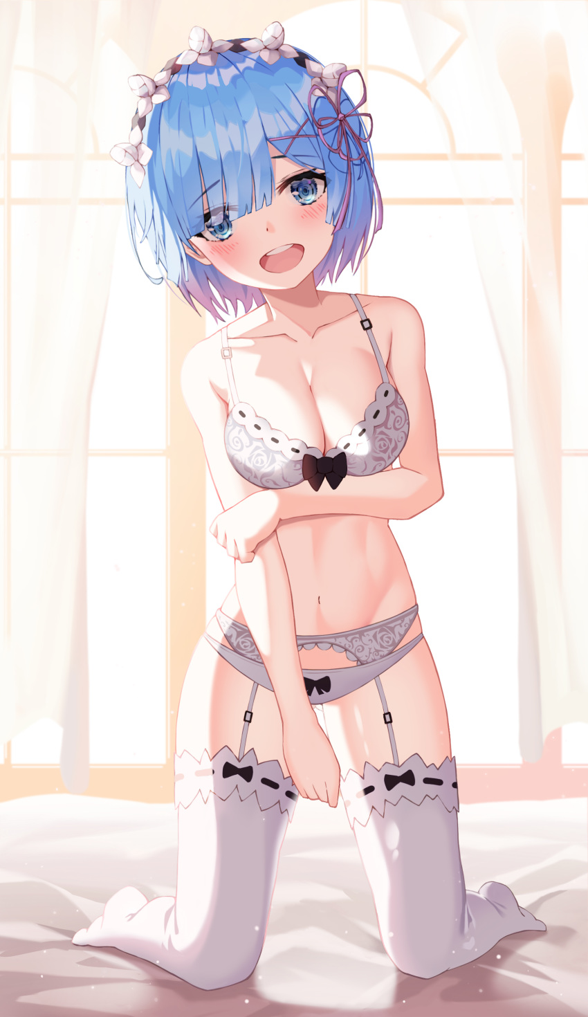 1girl absurdres alternate_costume arm_between_legs arm_under_breasts bangs bare_arms bare_shoulders bed_sheet blue_eyes blue_hair blunt_bangs blush bow bow_bra bra breasts cleavage collarbone commentary eyebrows_visible_through_hair frills full_body garter_belt hair_ornament hair_over_one_eye hair_ribbon highres kneeling lingerie looking_at_viewer maid navel no_ho no_shoes on_bed open_mouth panties re:zero_kara_hajimeru_isekai_seikatsu rem_(re:zero) ribbon short_hair smile solo stomach thighhighs underwear underwear_only upper_teeth white_bra white_legwear white_panties x_hair_ornament