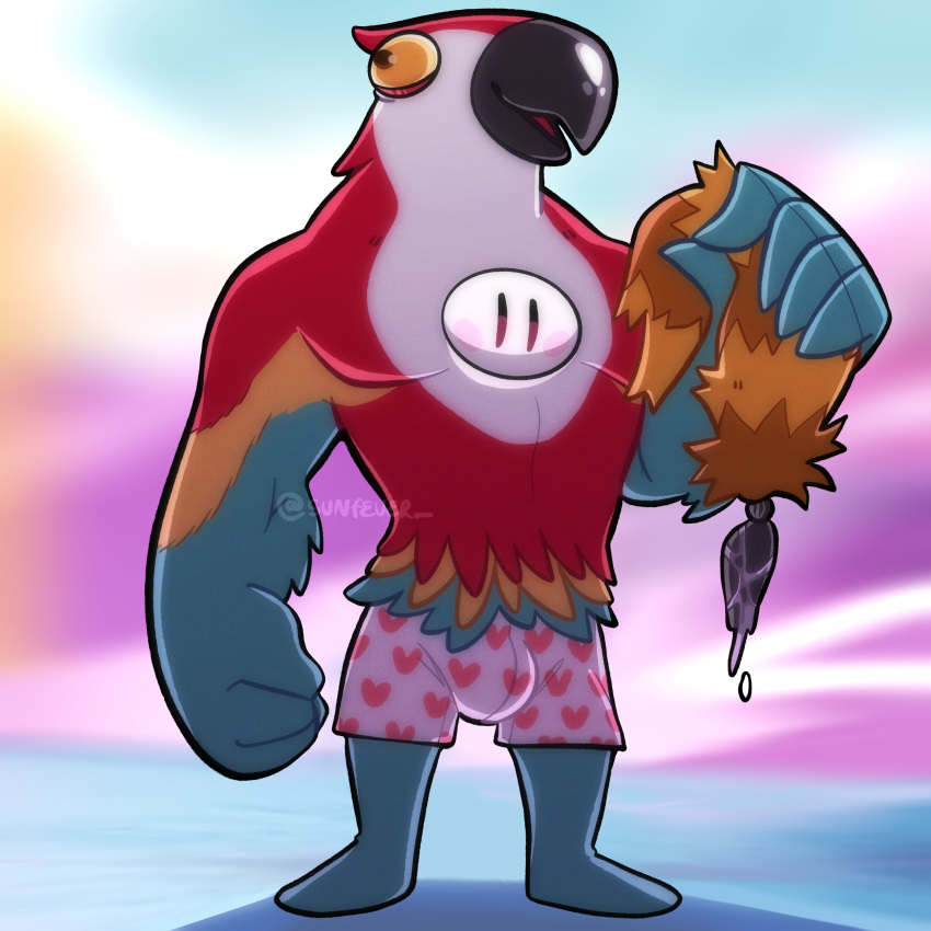 1:1 absurd_res animal_humanoid anthro avian avian_humanoid big_muscles bird bird_humanoid blush bulge buttplug buttplug_tail clothing fake_tail fall_guy fall_guys hi_res holding_tail humanoid lube lube_drip male mascot muscular muscular_male ominous parrot parrot_humanoid sex_toy solo underwear