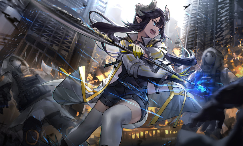 1girl 3others absurdres arknights axe belt black_shorts building bulletproof_vest choker coat curled_horns drone fang fighting fire floating_hair gloves highres holding holding_axe hood horns long_sleeves looking_away magic mask motion_blur multiple_others neonbeat open_clothes open_coat open_mouth original outdoors pointy_ears ponytail reunion_soldier_(arknights) short_shorts shorts thighhighs two-tone_gloves white_coat white_legwear