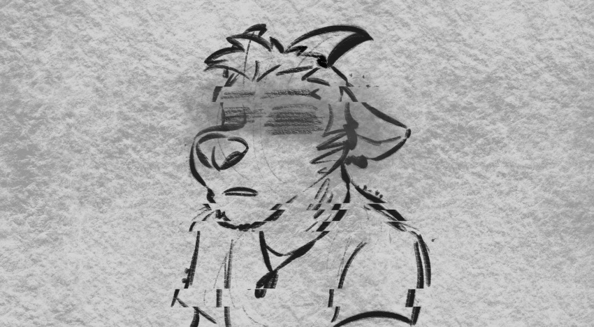 anthro bovid canid canine canis caprine clothing dingo frown glitch goat hair hi_res horn hybrid jackaloo jewelry male mammal monochrome necklace shirt solo t-shirt topwear unusual_eyes
