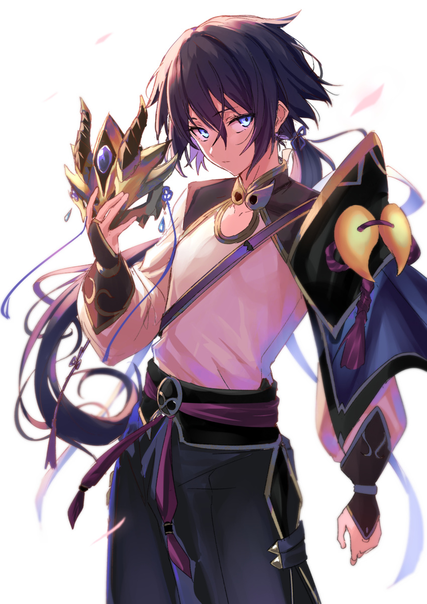 1boy absurdres alternate_hair_color backlighting bangs black_hair blue_eyes blue_pants chinese_clothes closed_mouth fate/grand_order fate_(series) gao_changgong_(fate) highres holding holding_mask horned_mask long_hair long_sleeves looking_at_viewer low_ponytail mask mask_removed pants ponytail puffy_long_sleeves puffy_sleeves sash shirt simple_background ulrich_(tagaragakuin) white_shirt