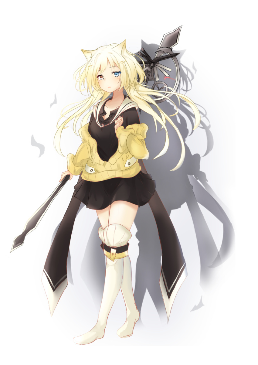 1girl animal_ears arknights bangs black_dress blonde_hair blue_eyes boots cat_ears clov3r commentary_request dress full_body heterochromia highres holding holding_staff jacket knee_boots long_hair long_sleeves looking_at_viewer nightmare_(arknights) off_shoulder parted_lips short_dress simple_background solo staff standing thighhighs white_background white_footwear yellow_eyes yellow_jacket zettai_ryouiki