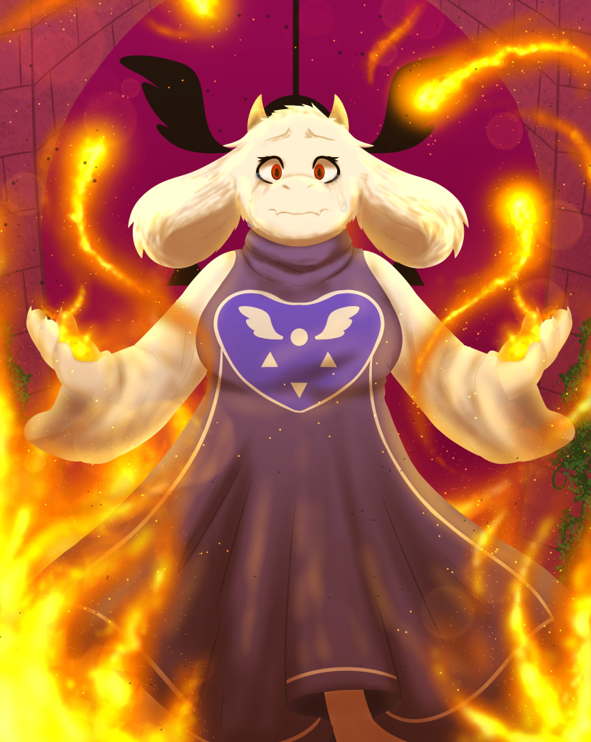 anthro big_breasts big_ears bodily_fluids boss_monster bovid breasts caprine clothing female fire floppy_ears fur glassycolors hi_res horn long_ears looking_at_viewer mammal monster multicolored_clothing purple_clothing red_eyes solo tears toriel two_tone_clothing undertale video_games white_body white_clothing white_fur