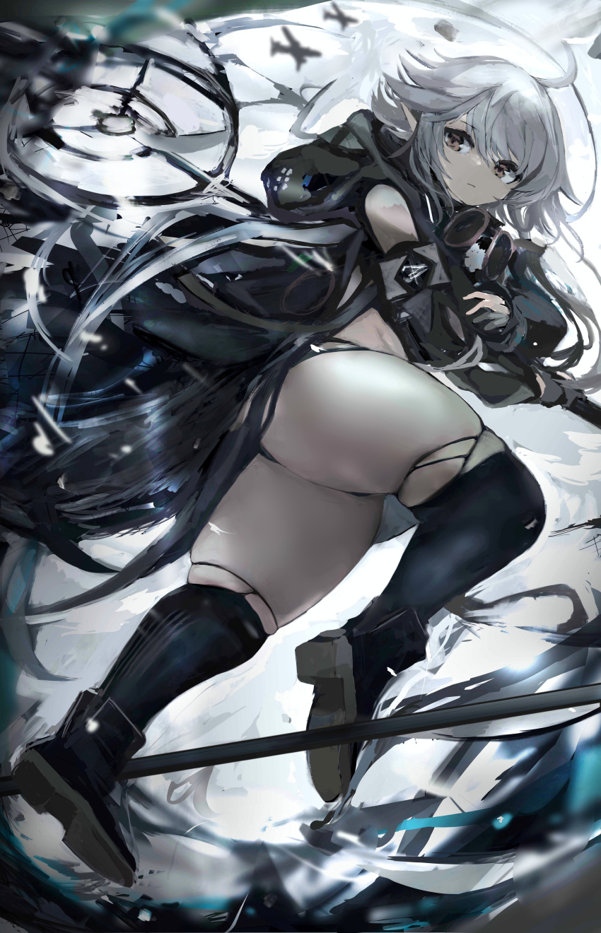 1girl absurdres ahoge arknights bare_shoulders black_footwear black_legwear boots brown_eyes commentary_request highres short_hair silver_hair solo thighhighs thighs tomimi_(arknights) tuda6