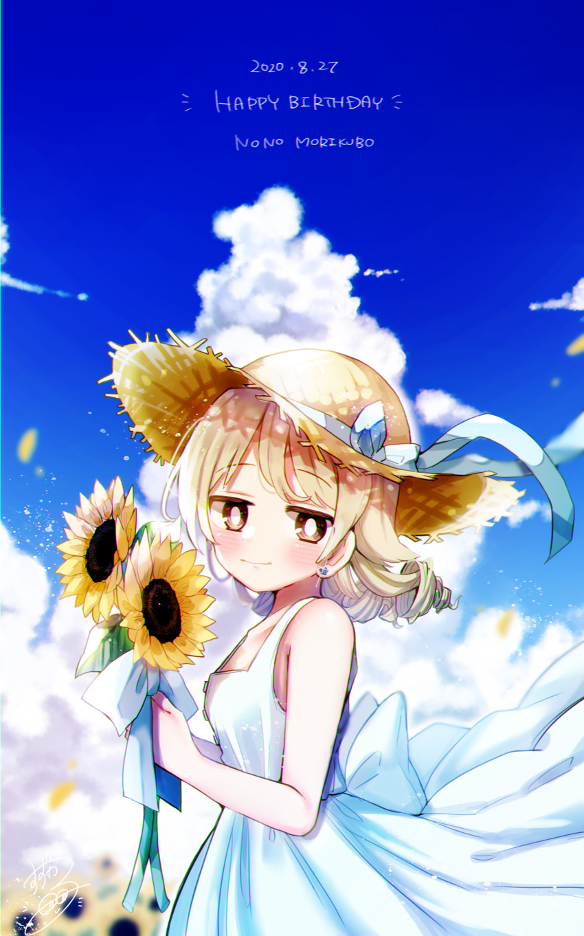 1girl absurdres bare_shoulders blue_sky blush brown_eyes character_name cloud collarbone cowboy_shot dated day dress drill_hair earrings flower from_side happy_birthday hat highres holding holding_flower idolmaster idolmaster_cinderella_girls jewelry morikubo_nono outdoors petals ringlets signature sky sleeveless smile solo straw_hat sun_hat sundress sunflower suzugaeru upper_body white_dress wind