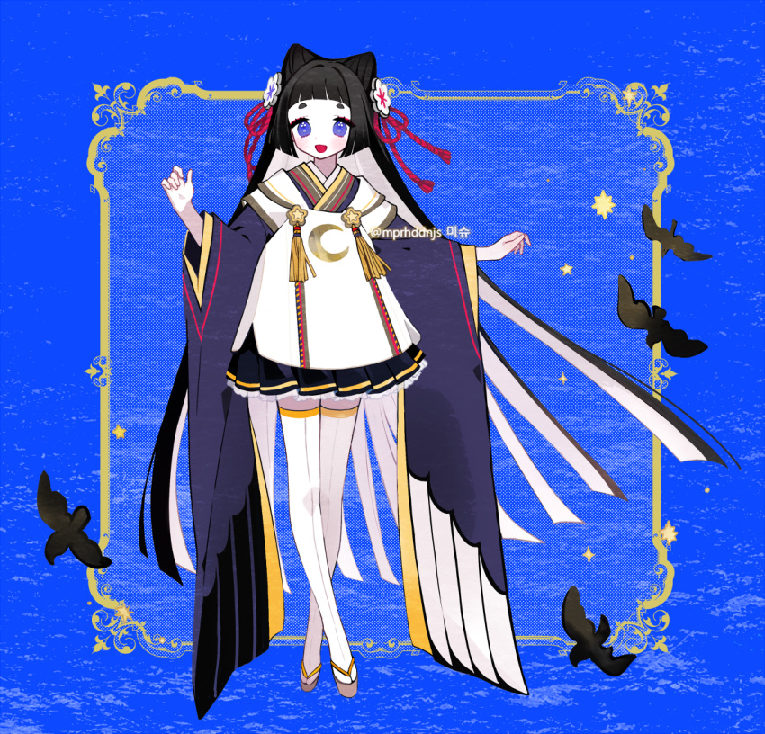 1girl :d animal_ears bangs bird black_hair blue_background blue_eyes blunt_bangs blush border crescent crescent_print flower front-seamed_legwear full_body furisode geta hair_flower hair_ornament hime_cut japanese_clothes kimono long_hair long_sleeves mp0612 open_mouth original outside_border outstretched_arms petticoat rope seamed_legwear short_kimono sidelocks smile solo standing star_(symbol) tassel thighhighs very_long_hair white_legwear wing_print zettai_ryouiki