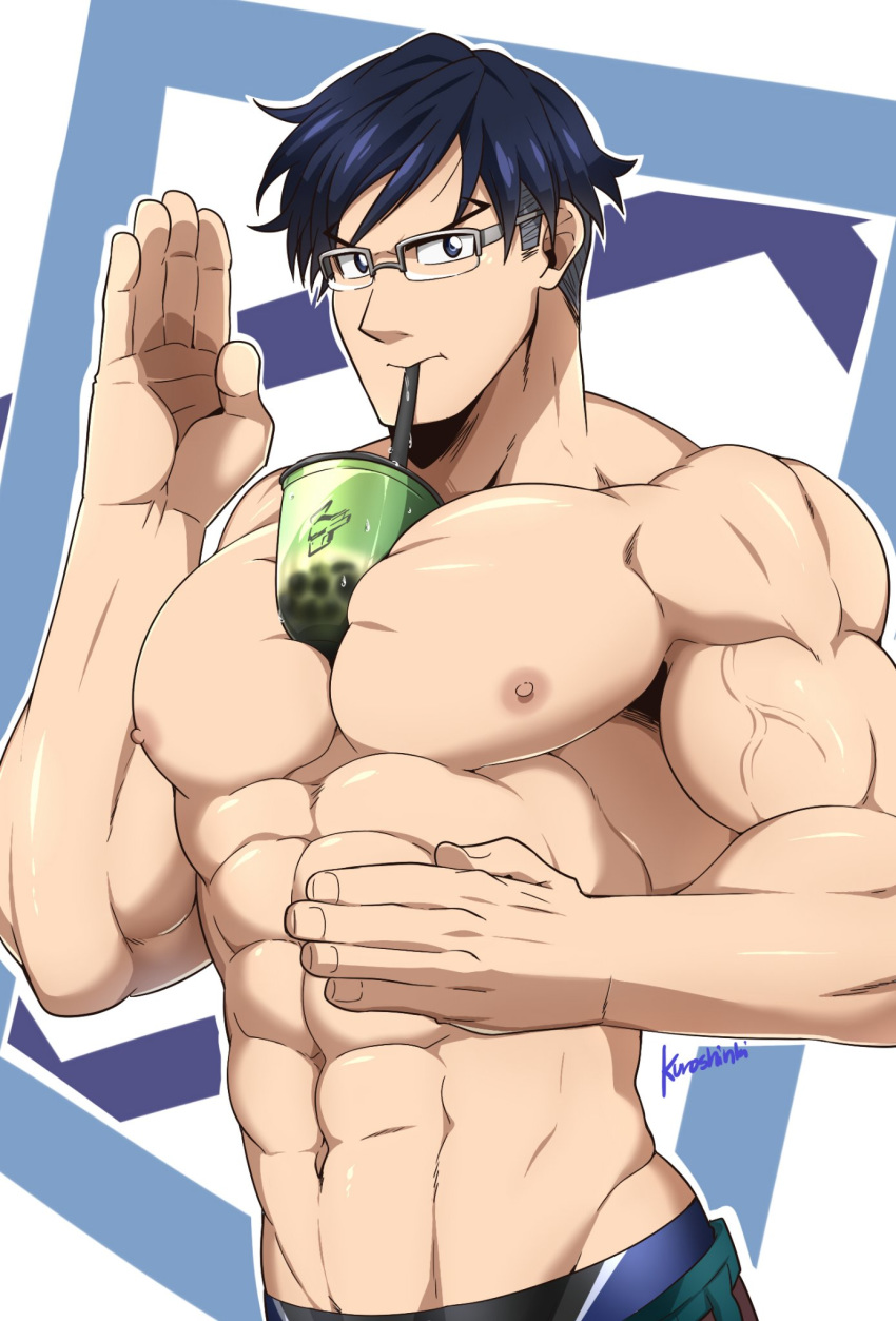 1boy abs bara between_pecs blue_hair boku_no_hero_academia bubble_tea_challenge chest glasses highres iida_tenya kuroshinki male_focus muscle navel nipples object_on_pectorals pectorals shirtless short_hair solo upper_body veins