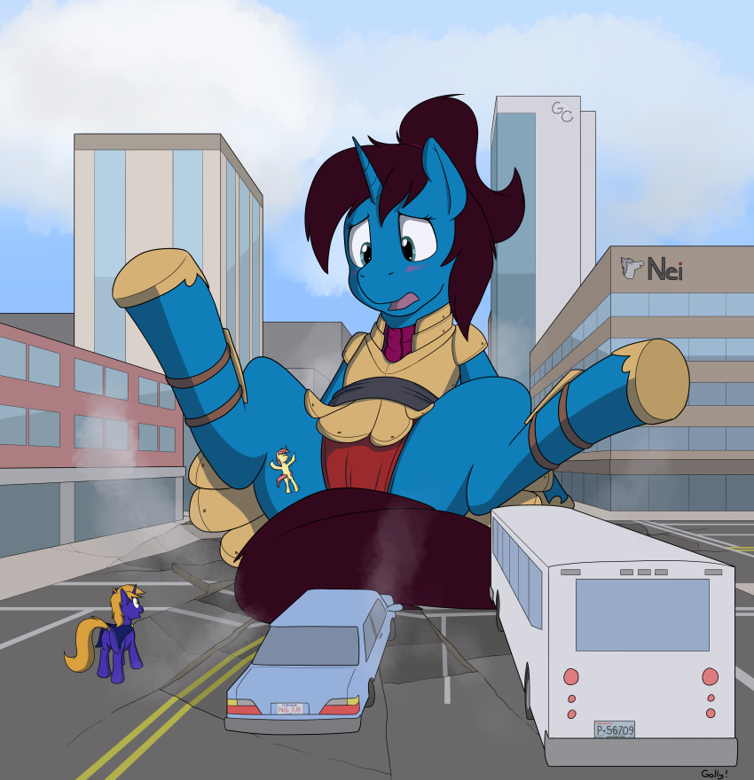 2020 absurd_res altus_bastion armor blue_body blue_fur blush building bus car city clothing commercial_vehicle equid equine fan_character female fur hasbro hi_res horn mammal my_little_pony public_transportation rapidstrike semi-anthro solo_focus unicorn vehicle vehicle_for_hire