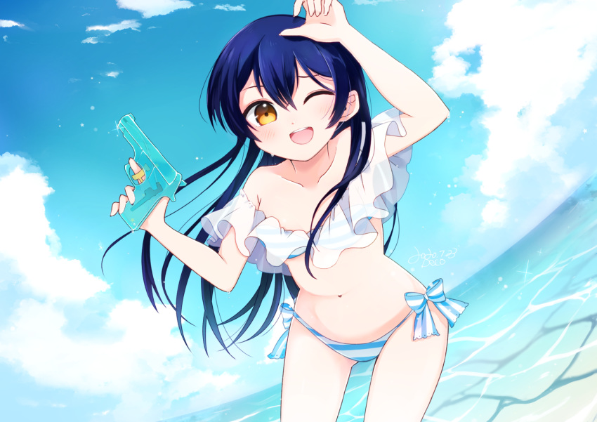 1girl bangs bikini blue_hair blush cowboy_shot day hand_up highres holding holding_water_gun long_hair looking_at_viewer love_live! love_live!_school_idol_project marine_day misoradeko ocean one_eye_closed open_mouth see-through side-tie_bikini smile solo sonoda_umi striped striped_bikini swimsuit water water_gun yellow_eyes