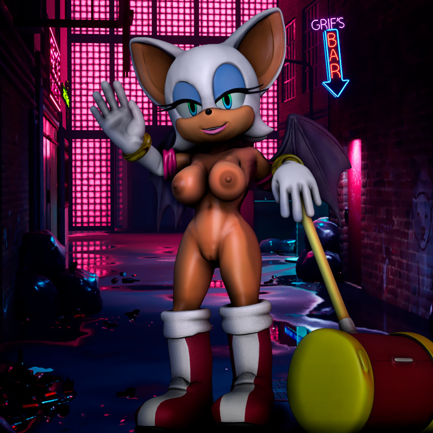 1:1 3d_(artwork) absurd_res alternate_costume amy_rose anthro big_breasts big_eyes big_head black_nose breasts chek chiropteran clothed clothing digital_media_(artwork) english_text eyelashes eyeshadow female genitals gloves gradient_eyes hammer handwear hi_res looking_at_viewer makeup mammal membrane_(anatomy) membranous_wings neon_lights neon_sign nipples nude outside piko_piko_hammer pussy rouge_the_bat smile solo sonic_the_hedgehog_(series) standing text tools water wave weapon wings