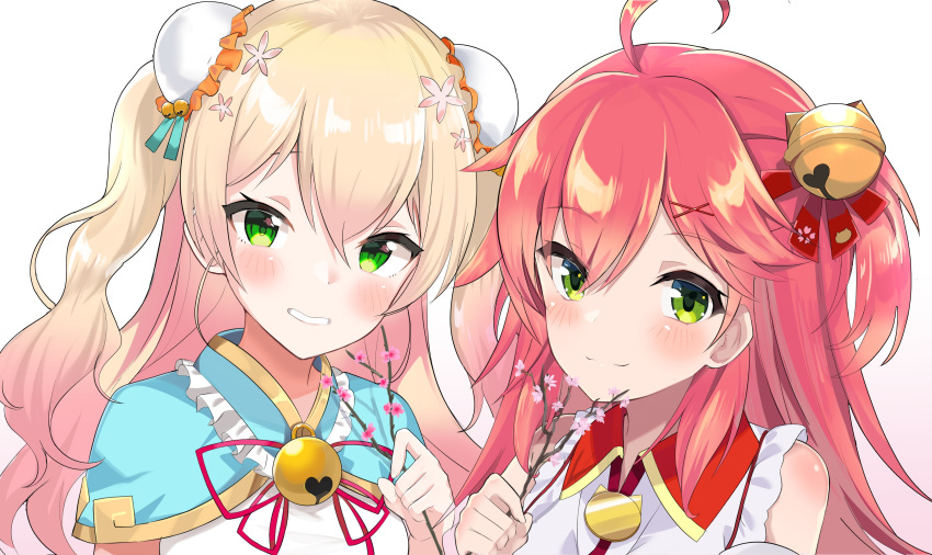 2girls absurdres ahoge bell blonde_hair blush bun_cover closed_mouth commentary detached_sleeves double_bun eyebrows_visible_through_hair flower gradient_hair green_eyes grin hair_bell hair_between_eyes hair_flower hair_ornament highres holding hololive long_hair looking_at_viewer momosuzu_nene multicolored_hair multiple_girls neck_ribbon pink_hair pink_ribbon portrait ribbon sakura_miko satobitob side-by-side side_ponytail simple_background smile twig two-tone_hair two_side_up virtual_youtuber white_background wing_collar x_hair_ornament