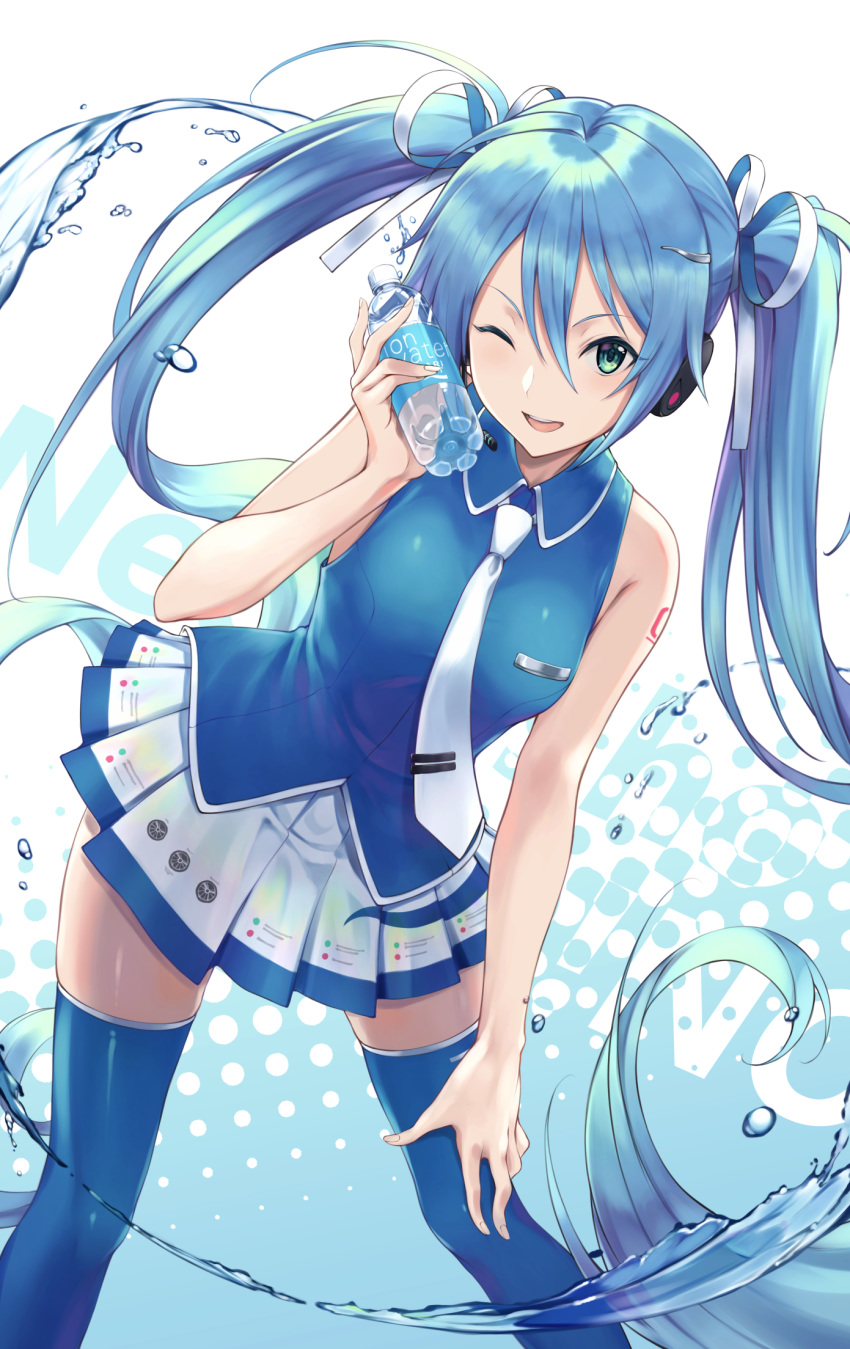 1girl blue_hair blue_legwear blue_shirt bottle chokuro commentary green_eyes hair_between_eyes hair_ribbon hand_on_own_knee hatsune_miku headphones highres holding holding_bottle leaning_forward long_hair looking_at_viewer necktie one_eye_closed open_mouth pleated_skirt pocari_sweat revision ribbon shirt skirt sleeveless sleeveless_shirt smile solo splashing thighhighs twintails very_long_hair vocaloid water white_neckwear