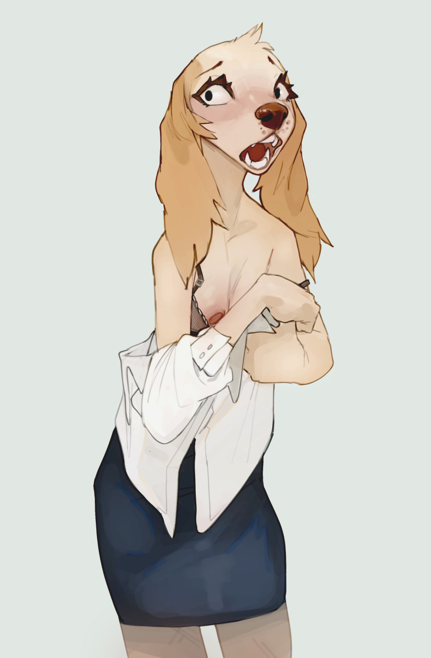 2020 absurd_res aggressive_retsuko anthro bottomwear bra breasts canid canine canis clothed clothing domestic_dog dress_shirt female front_view hi_res inui_(aggressive_retsuko) lost-paw mammal nipple_slip off_shoulder open_mouth portrait sanrio shirt skinny skirt solo standing three-quarter_portrait topwear underwear undressing