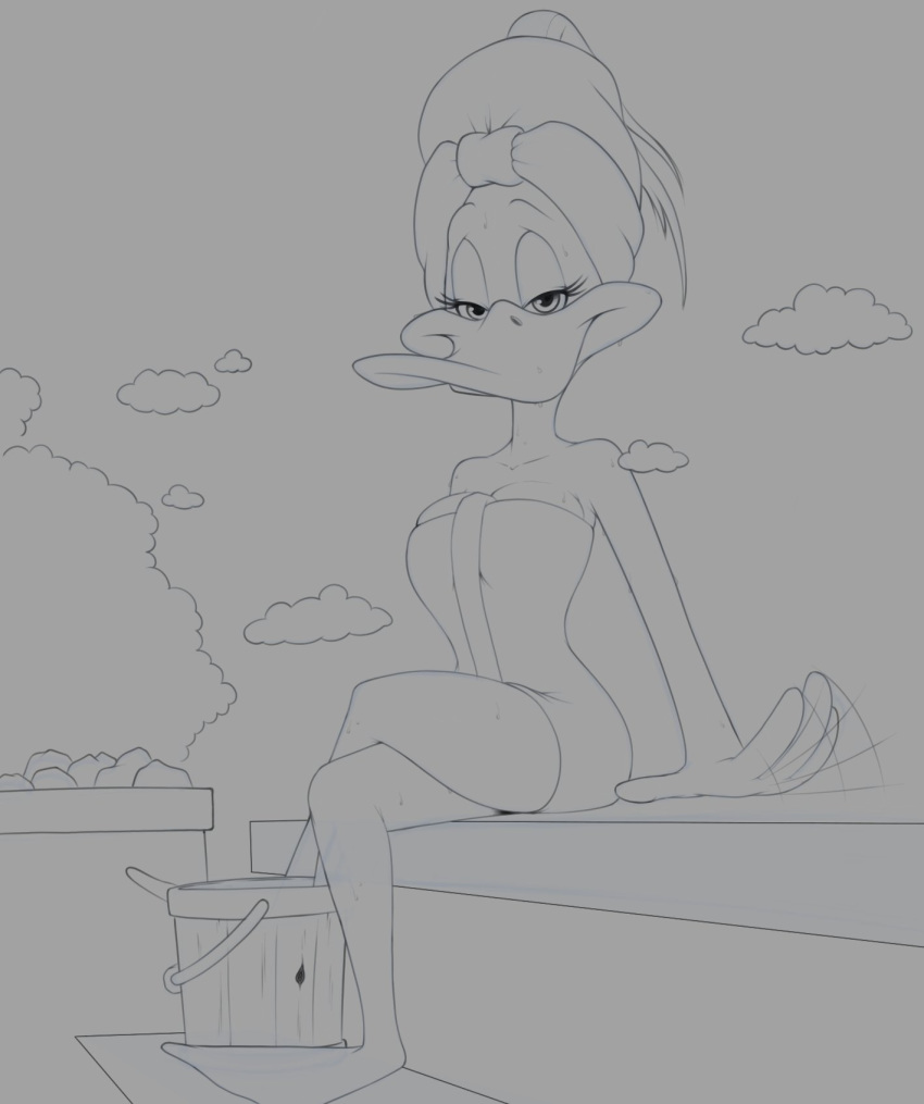 anatid anseriform anthro avian billboi bird bodily_fluids bucket coals crossed_legs duck eyelashes female hair hi_res inviting looking_at_viewer monochrome sauna sitting smile solo steam sweat the_looney_tunes_show tina_russo towel towel_on_head towel_only towel_wrap warner_brothers