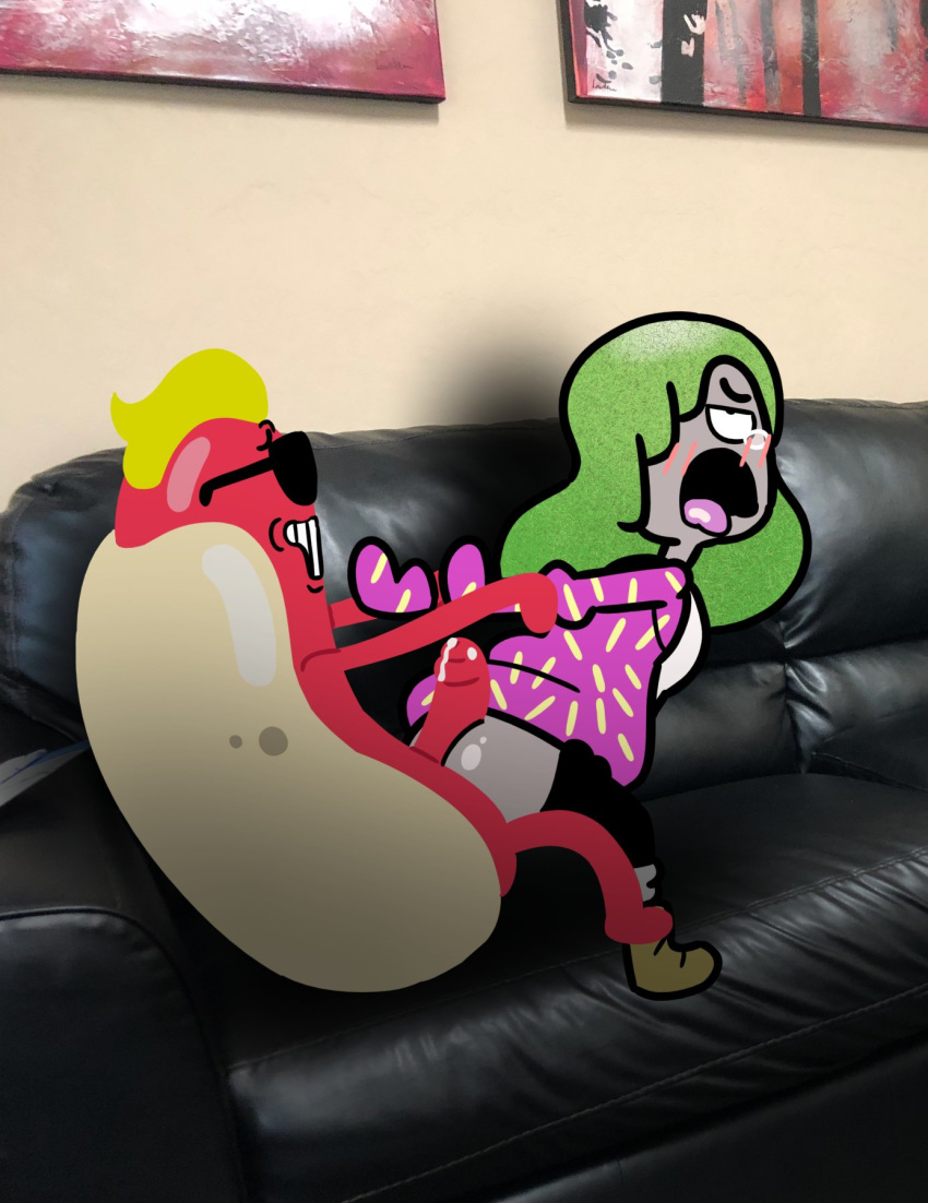 arm_grab blush bodily_fluids bottomless breasts butt cartoon_network clare_cooper clothed clothing cum cum_on_penis duo eye_roll eyewear female food furniture genital_fluids genitals green_hair hair hair_over_eye hi_res hot_dog hot_dog_guy hot_dogging humanoid inside jones_boi looking_pleasured male male/female mammal not_furry nude on_sofa one_eye_obstructed open_mouth partially_clothed penis sitting smile sofa sunglasses teeth the_amazing_world_of_gumball tongue