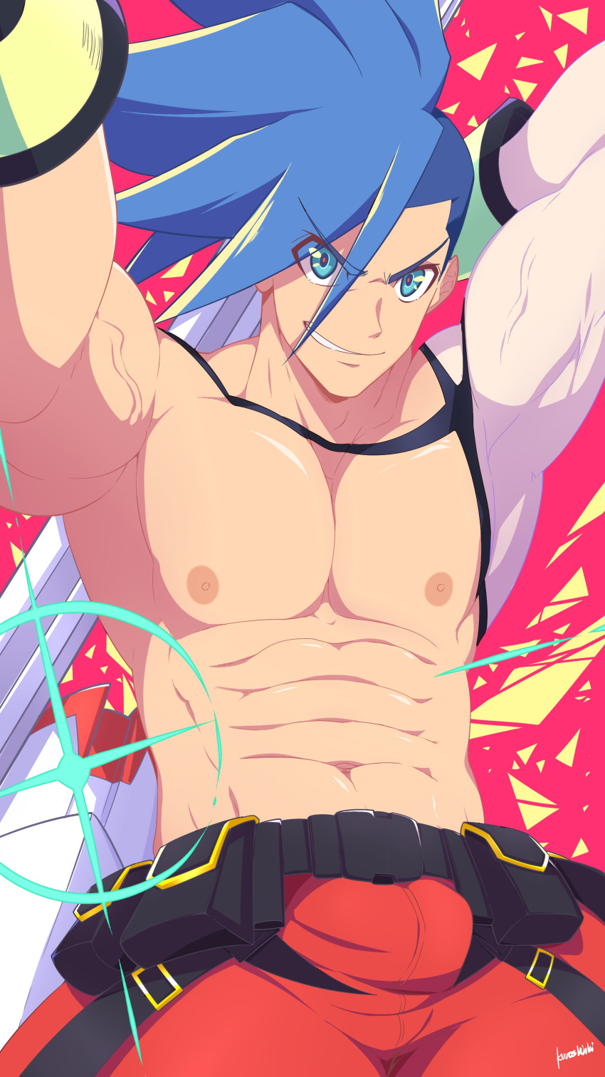 1boy abs absurdres bara blue_eyes blue_hair bulge chest galo_thymos highres kuroshinki long_hair looking_at_viewer male_focus muscle navel nipples pants pectorals promare shirtless smile solo spiked_hair upper_body veins