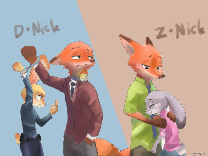 2020 4:3 alternate_universe angry anthro blue_background blush bottomwear brown_background canid canine clothed clothing collar dipstick_ears disney duo female fox frown fully_clothed fur gloves_(marking) grey_body grey_fur hand_in_pocket handcuffed hi_res hug judy_hopps kemokemono04 lagomorph leporid male mammal markings multicolored_ears necktie nick_wilde orange_body orange_fur pants pockets rabbit red_fox scut_tail shirt shock_collar simple_background size_difference smile standing tan_body tan_fur topwear zistopia zootopia