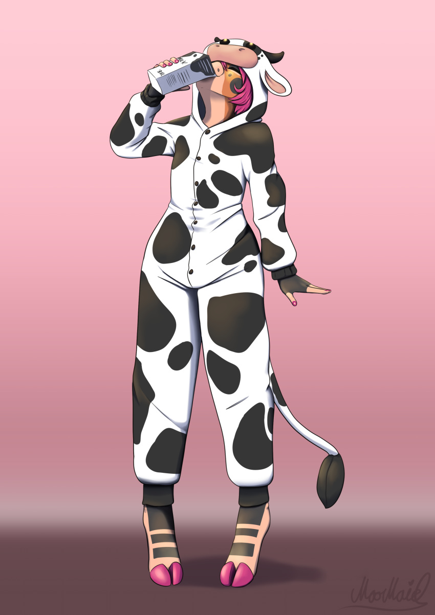 2020 absurd_res ambiguous_gender anthro billie_corneja clothing costume domestic_pig drinking drinking_milk furry_wearing_fursuit fursuit hi_res hooves mammal milk moomaid simple_background solo standing suid suina sus_(pig)